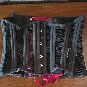 Orchard Corset Mesh Steel Boned Corset with Maroon Satin Ribbon